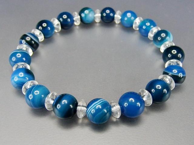 AAA濃い目縞入りブルー アゲート約8mm水晶ボタン天然石ブレスレット < 女性アクセサリー/時計  AAA濃い目縞入りブルー アゲート約8mm水晶ボタン天然石ブレスレット < 女性アクセサリー/時計の