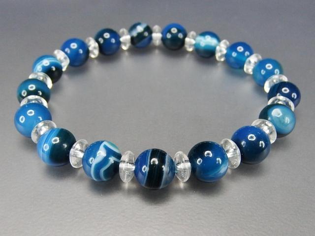 AAA濃い目縞入りブルー アゲート約8mm水晶ボタン天然石ブレスレット < 女性アクセサリー/時計  AAA濃い目縞入りブルー アゲート約8mm水晶ボタン天然石ブレスレット < 女性アクセサリー/時計の