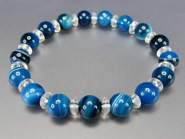 AAA濃い目縞入りブルー アゲート約8mm水晶ボタン天然石ブレスレット < 女性アクセサリー/時計  AAA濃い目縞入りブルー アゲート約8mm水晶ボタン天然石ブレスレット < 女性アクセサリー/時計の