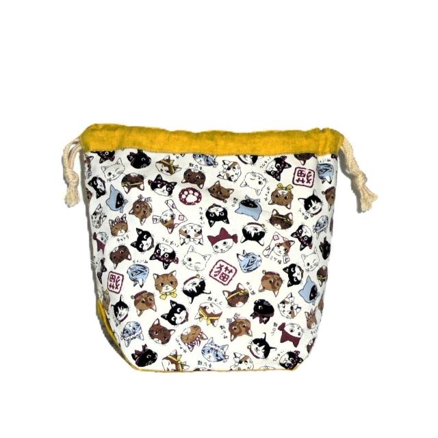 【底マチ幅が広い巾着】◆日本猫◆日本のねこちゃん図鑑×黄色地◆裏地あり巾着 < 女性ファッション 【底マチ幅が広い巾着】◆日本猫◆日本のねこちゃん図鑑×黄色地◆裏地あり巾着 < 女性ファッションの