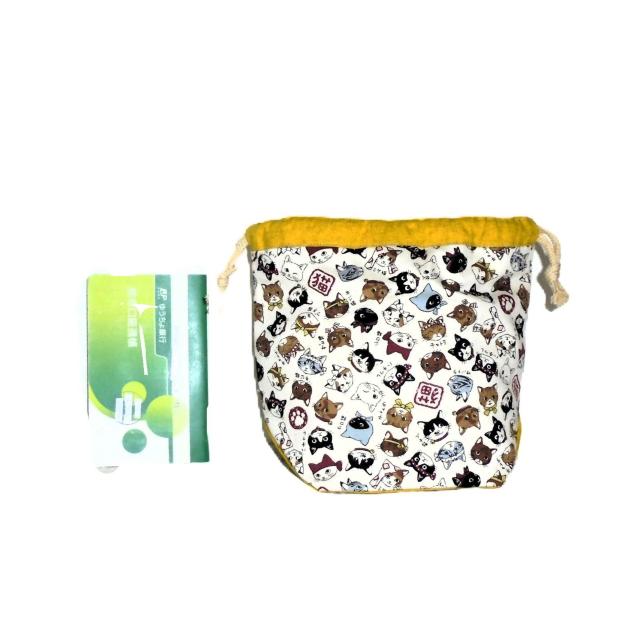 【底マチ幅が広い巾着】◆日本猫◆日本のねこちゃん図鑑×黄色地◆裏地あり巾着 < 女性ファッション 【底マチ幅が広い巾着】◆日本猫◆日本のねこちゃん図鑑×黄色地◆裏地あり巾着 < 女性ファッションの