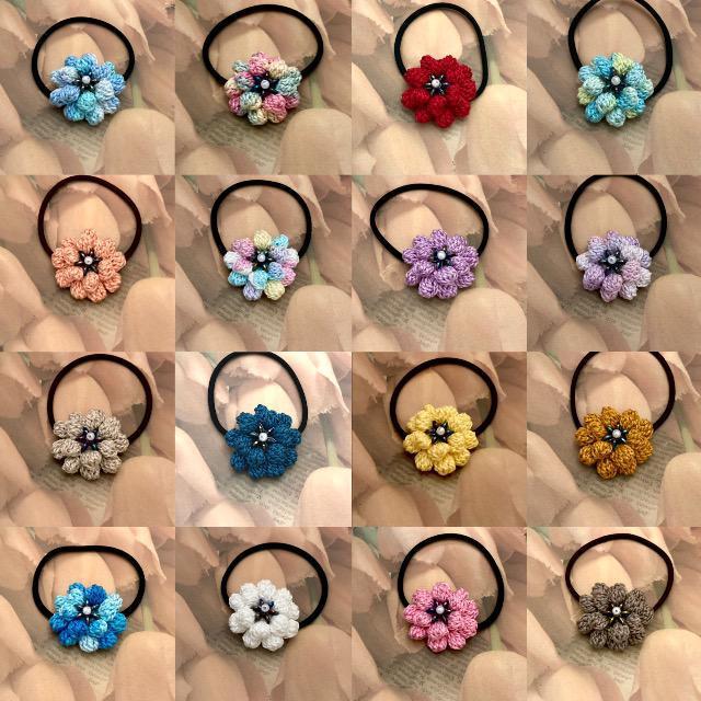 ハンドメイド♪レース編み ぽこぽこ花びらのお花モチーフヘアゴム < 女性ファッション  ハンドメイド♪レース編み ぽこぽこ花びらのお花モチーフヘアゴム < 女性ファッションの