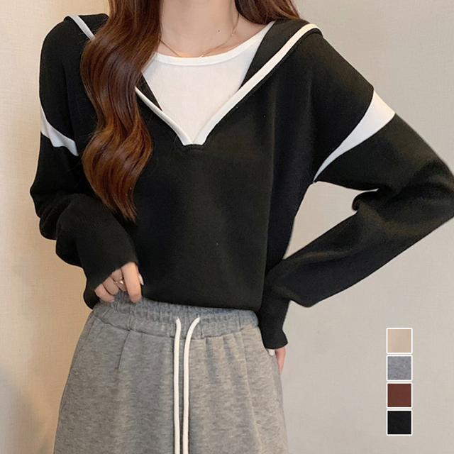 送料無料 新品 フード付きニットトップス レイヤード風 < 女性ファッション  送料無料 新品 フード付きニットトップス レイヤード風  < 女性ファッションの
