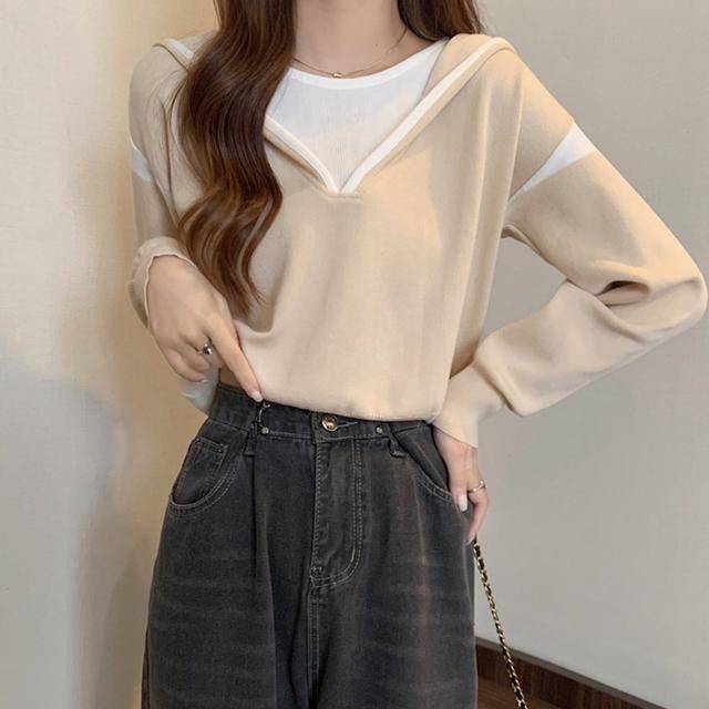 送料無料 新品 フード付きニットトップス レイヤード風 < 女性ファッション  送料無料 新品 フード付きニットトップス レイヤード風 < 女性ファッションの