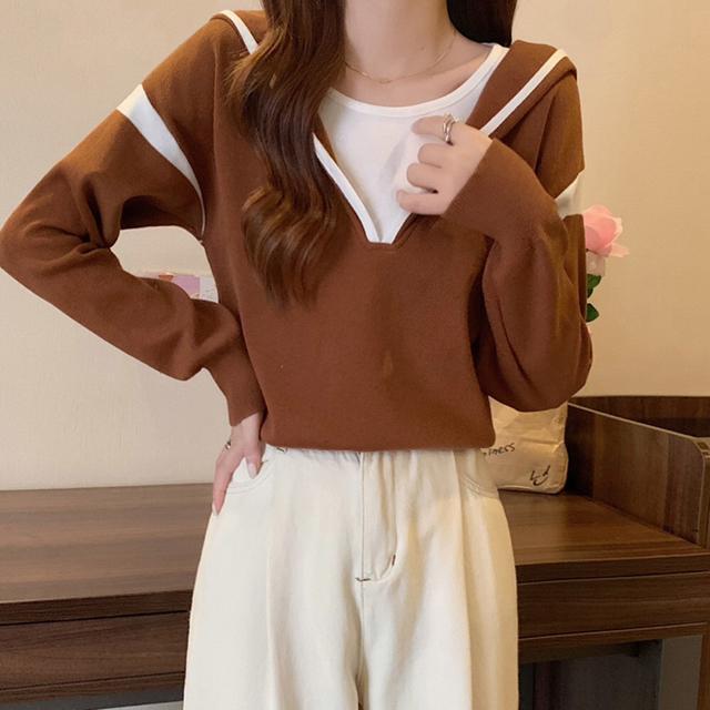 送料無料 新品 フード付きニットトップス レイヤード風 < 女性ファッション  送料無料 新品 フード付きニットトップス レイヤード風 < 女性ファッションの