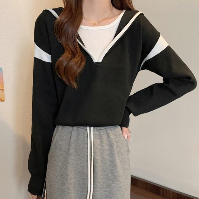 送料無料 新品 フード付きニットトップス レイヤード風 < 女性ファッション  送料無料 新品 フード付きニットトップス レイヤード風 < 女性ファッションの