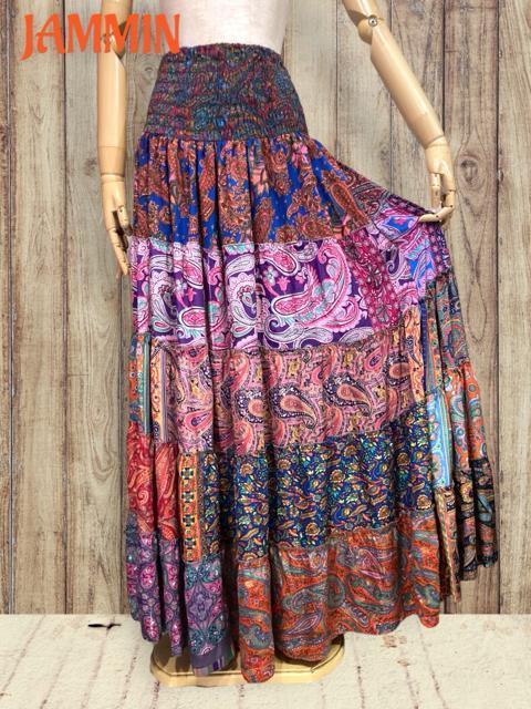 アジアン柄段々フレアスカート ロングスカート エスニック アジアン スカート < 女性ファッション  アジアン柄段々フレアスカート ロングスカート エスニック アジアン スカート < 女性ファッションの