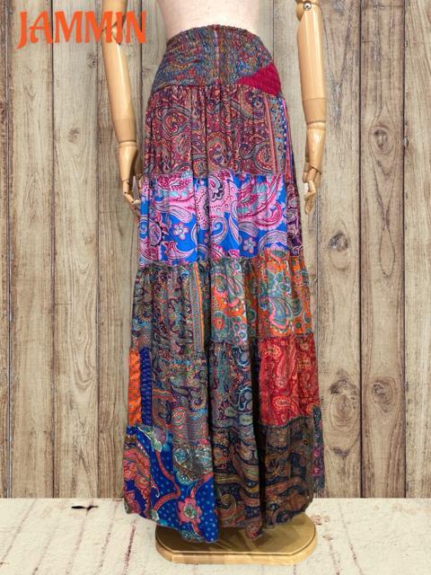 アジアン柄段々フレアスカート ロングスカート エスニック アジアン スカート < 女性ファッション  アジアン柄段々フレアスカート ロングスカート エスニック アジアン スカート < 女性ファッションの