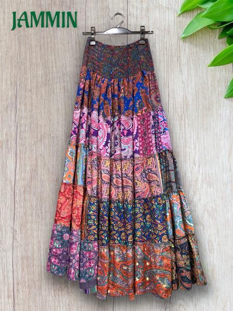 アジアン柄段々フレアスカート ロングスカート エスニック アジアン スカート < 女性ファッション  アジアン柄段々フレアスカート ロングスカート エスニック アジアン スカート < 女性ファッションの