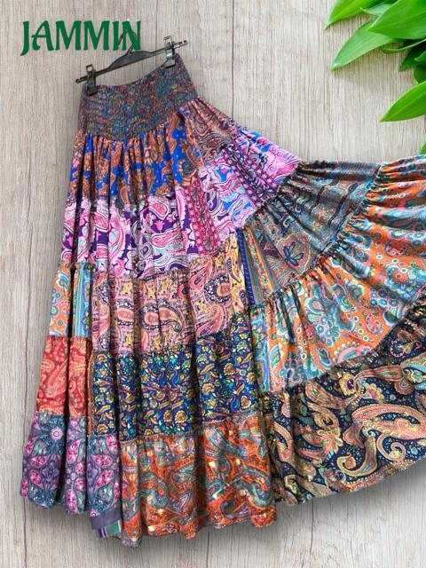 アジアン柄段々フレアスカート ロングスカート エスニック アジアン スカート < 女性ファッション  アジアン柄段々フレアスカート ロングスカート エスニック アジアン スカート < 女性ファッションの