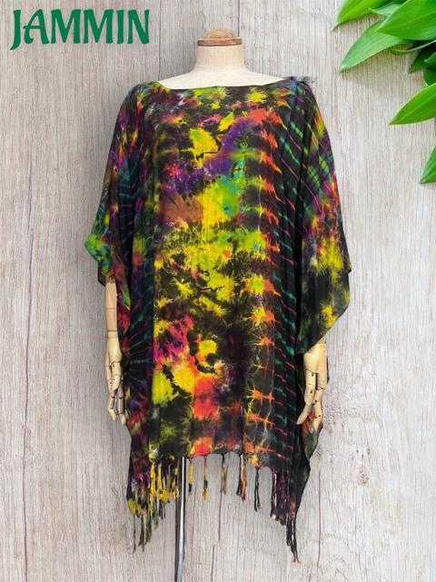 タイダイフリンジポンチョ ヒッピー サイケ エスニック アジアン < 女性ファッション タイダイフリンジポンチョ ヒッピー サイケ エスニック アジアン < 女性ファッションの