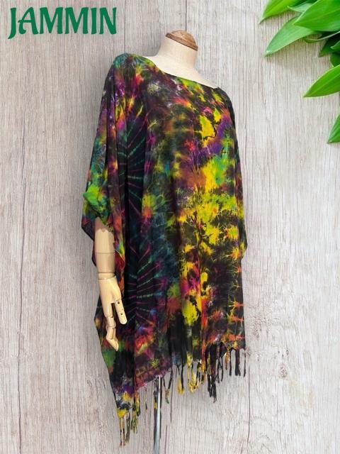 タイダイフリンジポンチョ ヒッピー サイケ エスニック アジアン < 女性ファッション タイダイフリンジポンチョ ヒッピー サイケ エスニック アジアン < 女性ファッションの