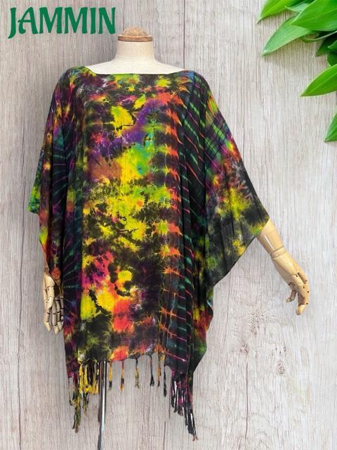 タイダイフリンジポンチョ ヒッピー サイケ エスニック アジアン < 女性ファッション タイダイフリンジポンチョ ヒッピー サイケ エスニック アジアン < 女性ファッションの