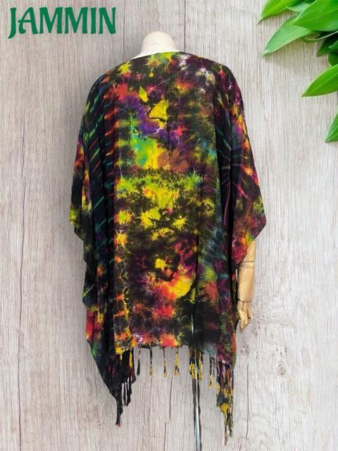 タイダイフリンジポンチョ ヒッピー サイケ エスニック アジアン < 女性ファッション タイダイフリンジポンチョ ヒッピー サイケ エスニック アジアン < 女性ファッションの
