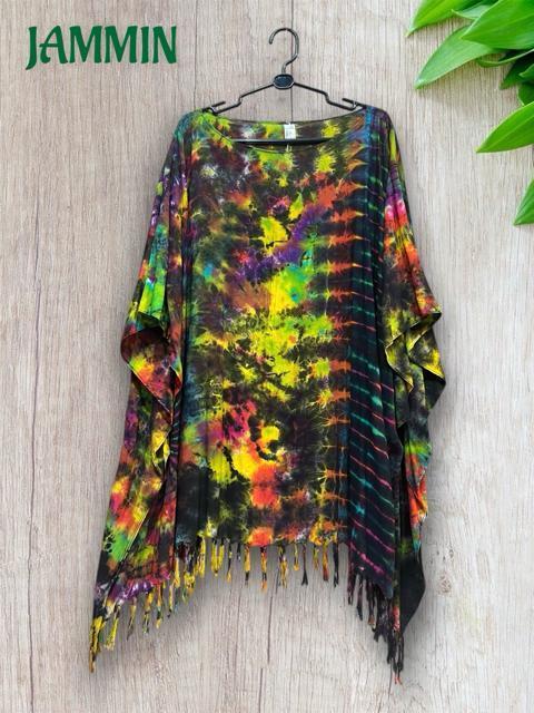 タイダイフリンジポンチョ ヒッピー サイケ エスニック アジアン < 女性ファッション タイダイフリンジポンチョ ヒッピー サイケ エスニック アジアン < 女性ファッションの