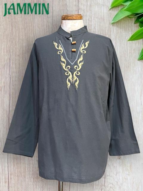 刺繍入りクルタ グレー アジアン エスニック ヒッピー 個性派 < 男性ファッション 刺繍入りクルタ グレー アジアン エスニック ヒッピー 個性派 < 男性ファッションの