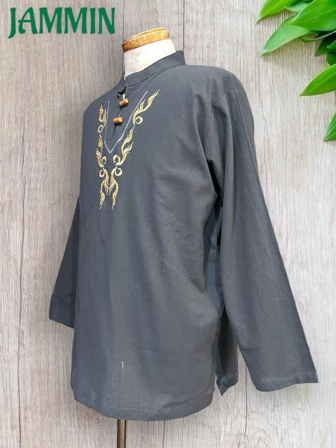 刺繍入りクルタ グレー アジアン エスニック ヒッピー 個性派 < 男性ファッション 刺繍入りクルタ グレー アジアン エスニック ヒッピー 個性派 < 男性ファッションの