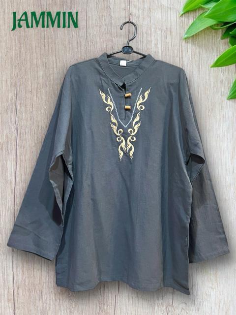 刺繍入りクルタ グレー アジアン エスニック ヒッピー 個性派 < 男性ファッション 刺繍入りクルタ グレー アジアン エスニック ヒッピー 個性派 < 男性ファッションの