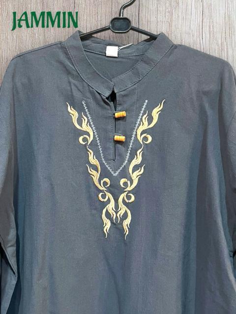 刺繍入りクルタ グレー アジアン エスニック ヒッピー 個性派 < 男性ファッション 刺繍入りクルタ グレー アジアン エスニック ヒッピー 個性派 < 男性ファッションの