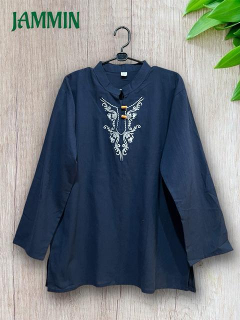 刺繍入りクルタ ネイビー 長袖 アジアン エスニック ヒッピー 個性派 < 男性ファッション 刺繍入りクルタ ネイビー 長袖 アジアン エスニック ヒッピー 個性派 < 男性ファッションの