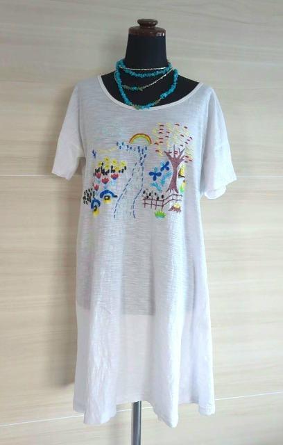 CALINER/カリネ/ロングTシャツ/ホワイト/サイズM/ゆったりめサイズ/綿100%/柔らかコットン/フクロウ他カラフル刺繍 < 女性ファッション  CALINER/カリネ/ロングTシャツ/ホワイト/サイズM/ゆったりめサイズ/綿100%/柔らかコットン/フクロウ他カラフル刺繍  < 女性ファッションの