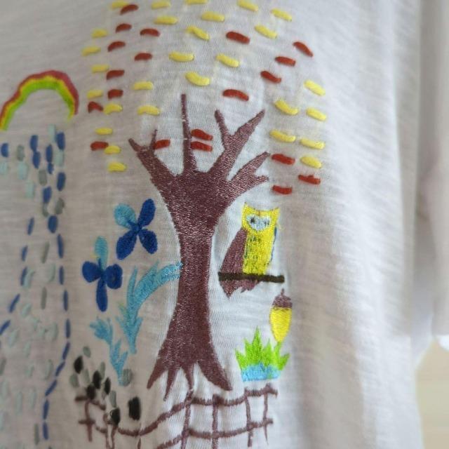 CALINER/カリネ/ロングTシャツ/ホワイト/サイズM/ゆったりめサイズ/綿100%/柔らかコットン/フクロウ他カラフル刺繍 < 女性ファッション  CALINER/カリネ/ロングTシャツ/ホワイト/サイズM/ゆったりめサイズ/綿100%/柔らかコットン/フクロウ他カラフル刺繍 < 女性ファッションの