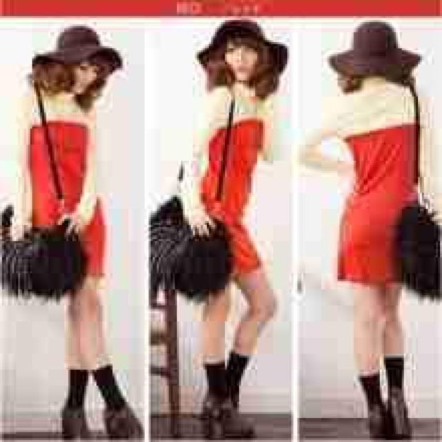 大人め♪重ね着風切替え ハイウエスト 長袖タートルネック ベアワンピ レッド×イエロー < 女性ファッション 大人め♪重ね着風切替え ハイウエスト 長袖タートルネック ベアワンピ レッド×イエロー < 女性ファッションの