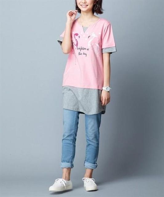 Lサイズ!幸せフラミンゴ柄!半袖Tシャツチュニック!新品タグ付き! < 女性ファッション  Lサイズ!幸せフラミンゴ柄!半袖Tシャツチュニック!新品タグ付き! < 女性ファッションの