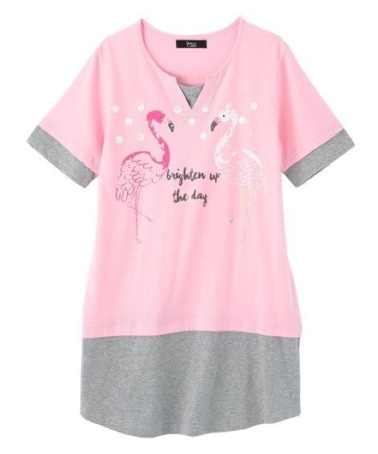 Lサイズ!幸せフラミンゴ柄!半袖Tシャツチュニック!新品タグ付き! < 女性ファッション  Lサイズ!幸せフラミンゴ柄!半袖Tシャツチュニック!新品タグ付き! < 女性ファッションの