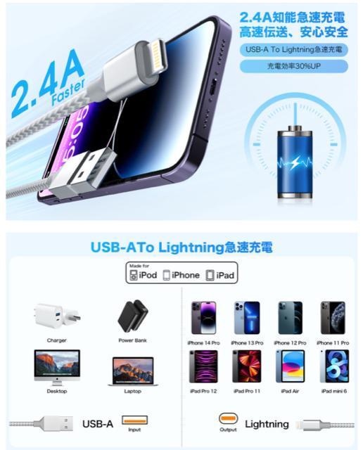iphone 充電ケーブル【1M/2M 各2本】ライトニングケーブル 最大2.4A急速充電 ナイロン編み 断線防止 超高耐久 < 家電/AV iphone 充電ケーブル【1M/2M 各2本】ライトニングケーブル 最大2.4A急速充電 ナイロン編み 断線防止 超高耐久 < 家電/AVの