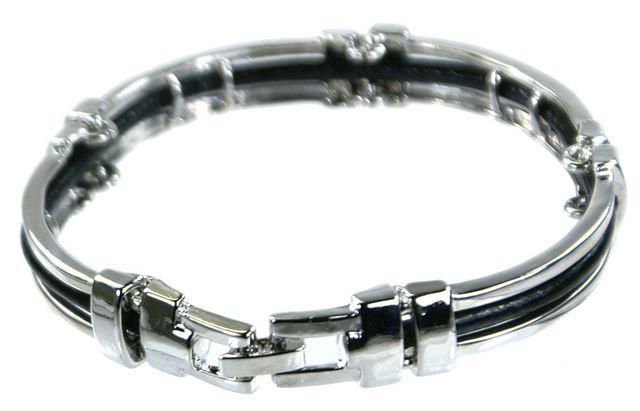 革通しメタルブレスレット (黒) ブラック シルバー バングル アメカジ クール アクセサリー 腕輪 サロン系 < 男性アクセサリー/時計  革通しメタルブレスレット (黒) ブラック シルバー バングル アメカジ クール アクセサリー 腕輪 サロン系  < 男性アクセサリー/時計の