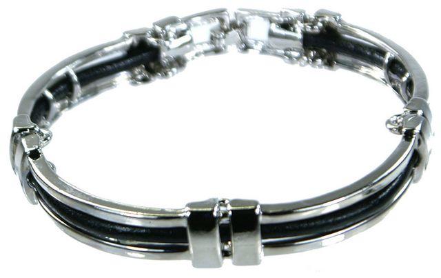 革通しメタルブレスレット (黒) ブラック シルバー バングル アメカジ クール アクセサリー 腕輪 サロン系 < 男性アクセサリー/時計  革通しメタルブレスレット (黒) ブラック シルバー バングル アメカジ クール アクセサリー 腕輪 サロン系 < 男性アクセサリー/時計の