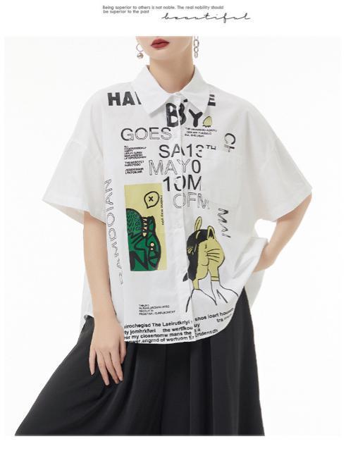シャツ ブラウス アート ペイント柄 前開き ホワイト 大きいサイズ < 女性ファッション  シャツ ブラウス アート ペイント柄 前開き ホワイト 大きいサイズ < 女性ファッションの