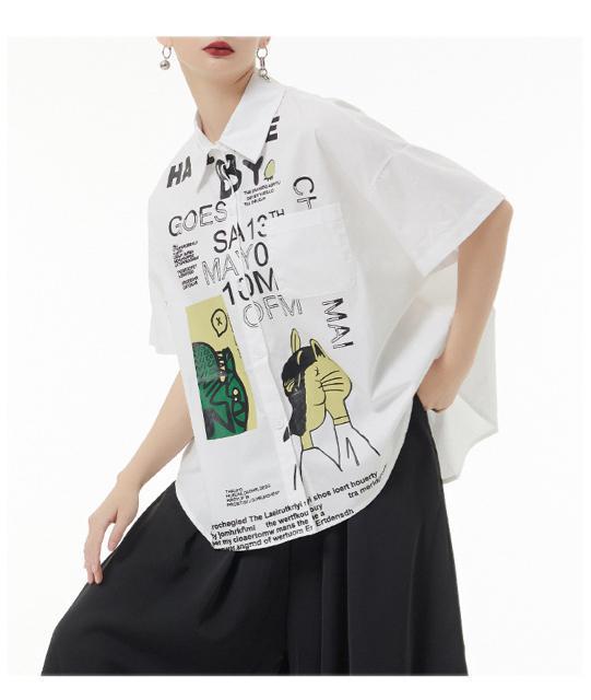 シャツ ブラウス アート ペイント柄 前開き ホワイト 大きいサイズ < 女性ファッション  シャツ ブラウス アート ペイント柄 前開き ホワイト 大きいサイズ < 女性ファッションの