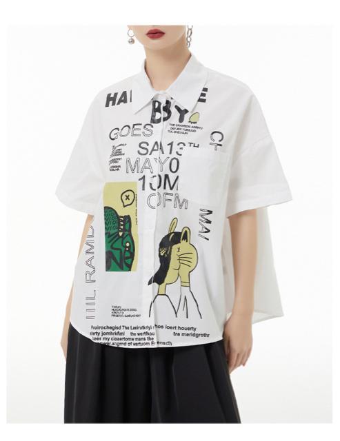 シャツ ブラウス アート ペイント柄 前開き ホワイト 大きいサイズ < 女性ファッション  シャツ ブラウス アート ペイント柄 前開き ホワイト 大きいサイズ < 女性ファッションの