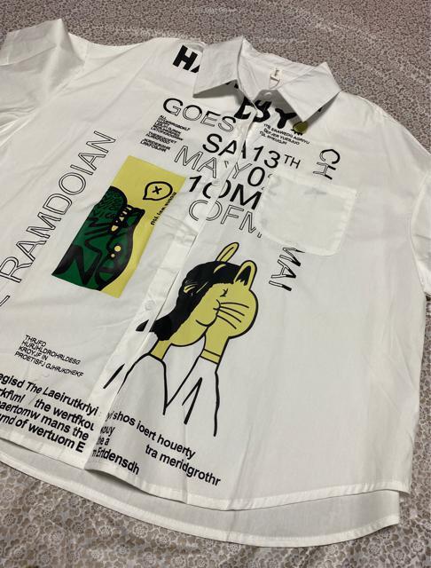 シャツ ブラウス アート ペイント柄 前開き ホワイト 大きいサイズ < 女性ファッション  シャツ ブラウス アート ペイント柄 前開き ホワイト 大きいサイズ < 女性ファッションの