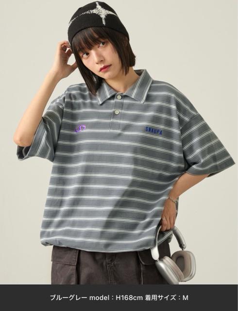 ビッグシルエット ロゴ刺繍 ボーダー半袖ラガーポロシャツ < 女性ファッション ビッグシルエット ロゴ刺繍 ボーダー半袖ラガーポロシャツ < 女性ファッションの