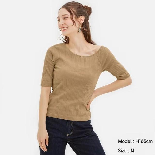 ◆GU/ジーユー◆リブドロップショルダーT(半袖)★ブラウンM*春〜秋までOK♪ < ブランド ◆GU/ジーユー◆リブドロップショルダーT(半袖)★ブラウンM*春〜秋までOK♪ < ブランドの