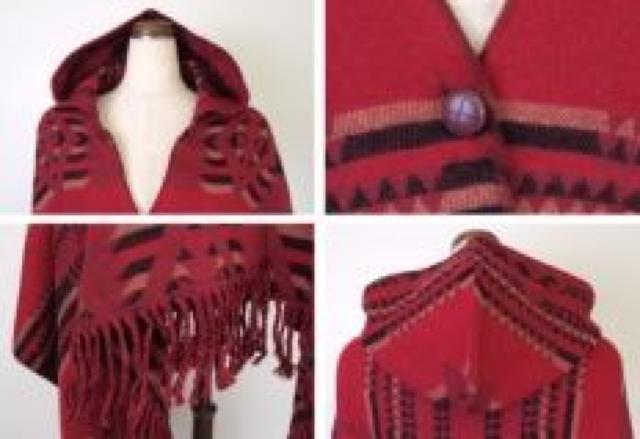 《New》ネィティブ柄★大判ストール風・フード&フリンジ付*ポンチョ<ブラック> < 女性ファッション  《New》ネィティブ柄★大判ストール風・フード&フリンジ付*ポンチョ<ブラック> < 女性ファッションの