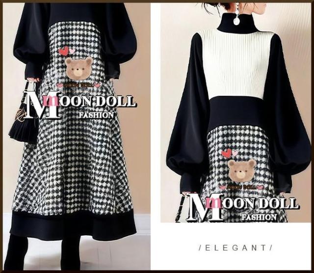 F〜3L*ぽわん袖スタンドネックチェック×ベロア切替モノトー < 女性ファッション F〜3L*ぽわん袖スタンドネックチェック×ベロア切替モノトー < 女性ファッションの