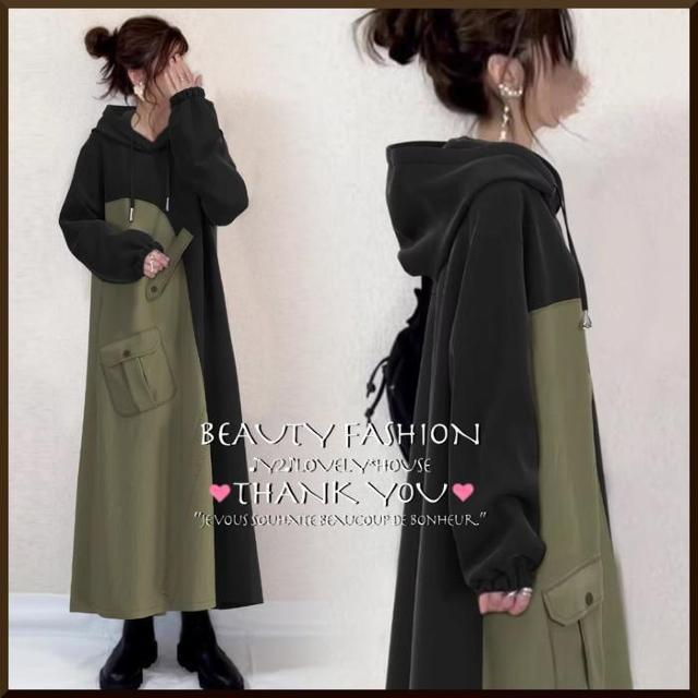 〜3L4L*ミリタリー風配色切替パーカーロングワンピース*黒 < 女性ファッション 〜3L4L*ミリタリー風配色切替パーカーロングワンピース*黒 < 女性ファッションの