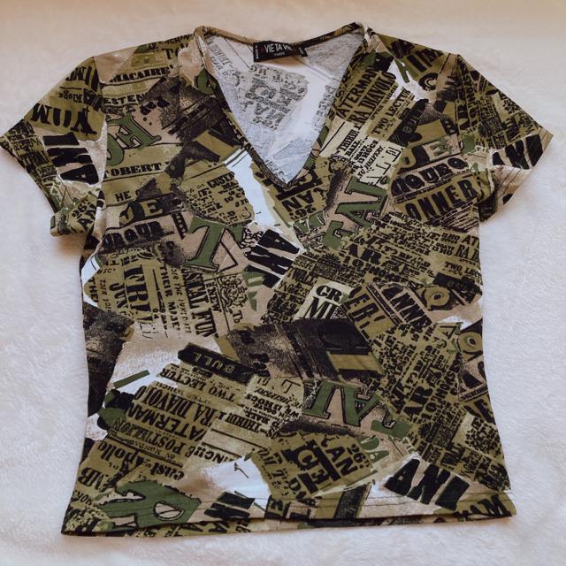 VIE TA VIE 英字 アーミー Vネック 半袖 Tシャツ カットソー  F N2m < 女性ファッション  VIE TA VIE 英字 アーミー Vネック 半袖 Tシャツ カットソー  F N2m  < 女性ファッションの