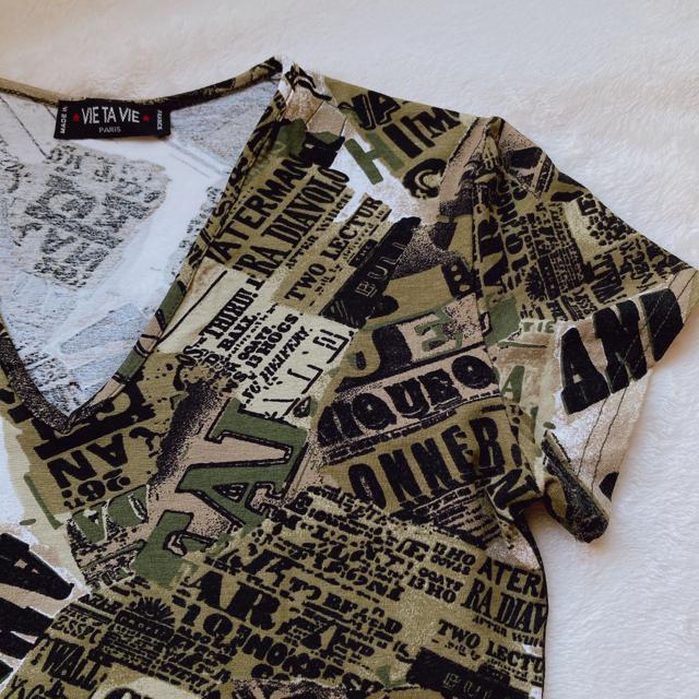 VIE TA VIE 英字 アーミー Vネック 半袖 Tシャツ カットソー  F N2m < 女性ファッション  VIE TA VIE 英字 アーミー Vネック 半袖 Tシャツ カットソー  F N2m < 女性ファッションの