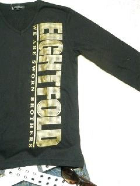 《New》悪羅悪羅★Vネック・ゴールド箔プリ*ロンTeeA<ブラックL> < 男性ファッション 《New》悪羅悪羅★Vネック・ゴールド箔プリ*ロンTeeA<ブラックL> < 男性ファッションの