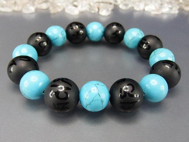 天然石フロストオニキス六字真言約14mm人工ターコイズ約12mmブレスレット810-138a < 男性アクセサリー/時計  天然石フロストオニキス六字真言約14mm人工ターコイズ約12mmブレスレット810-138a < 男性アクセサリー/時計の
