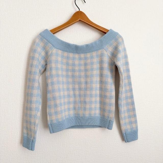 ◆moussy/マウジー◆ギンガムチェック柄ニット★水色F*秋コーデ♪美品 < ブランド  ◆moussy/マウジー◆ギンガムチェック柄ニット★水色F*秋コーデ♪美品 < ブランドの