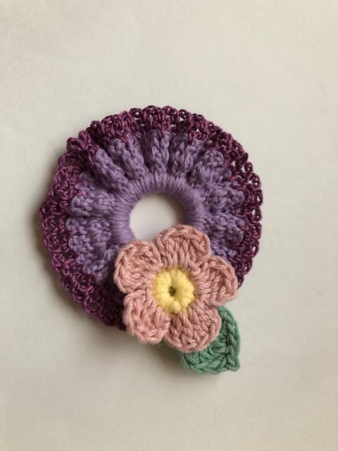 ハンドメイド ミニ シュシュ コットン ガーリー パープル お花 < 女性ファッション  ハンドメイド ミニ シュシュ コットン ガーリー パープル お花 < 女性ファッションの