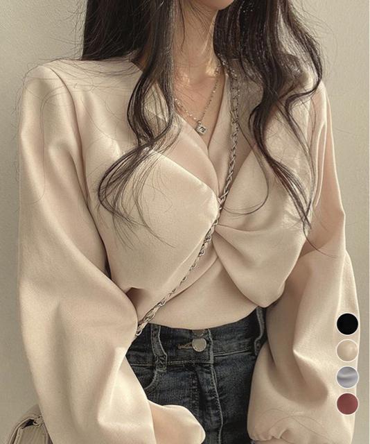 送料無料 新品 フロントねじり シャツブラウス Vネック < 女性ファッション  送料無料 新品 フロントねじり シャツブラウス Vネック  < 女性ファッションの