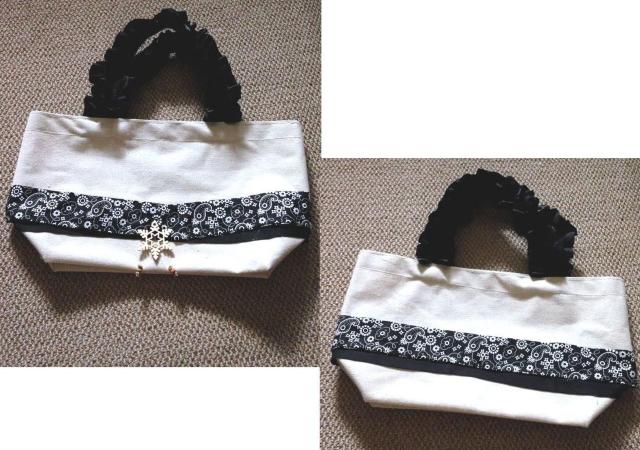 フリル持ち手 ブラックバンダナラインキャンバス トートバッグ < 女性ファッション  フリル持ち手 ブラックバンダナラインキャンバス トートバッグ  < 女性ファッションの