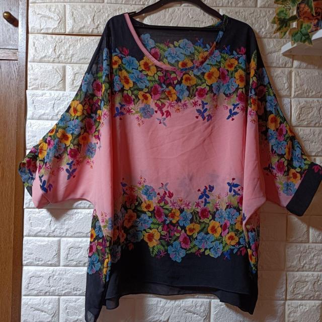USED★美品★シフォン花柄ドルマン五分袖トップス/ピンク系 < 女性ファッション  USED★美品★シフォン花柄ドルマン五分袖トップス/ピンク系  < 女性ファッションの